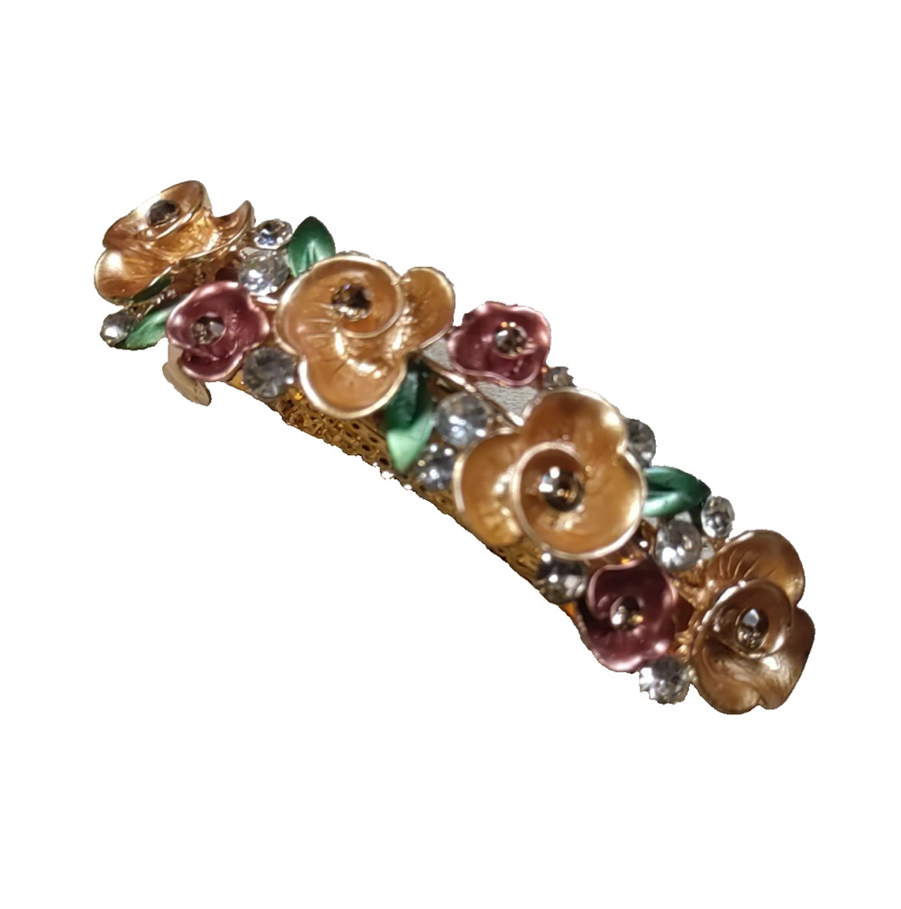 Hair Barrette Tension Clip Floral Harmony Pink Green Red Painted Flowers...